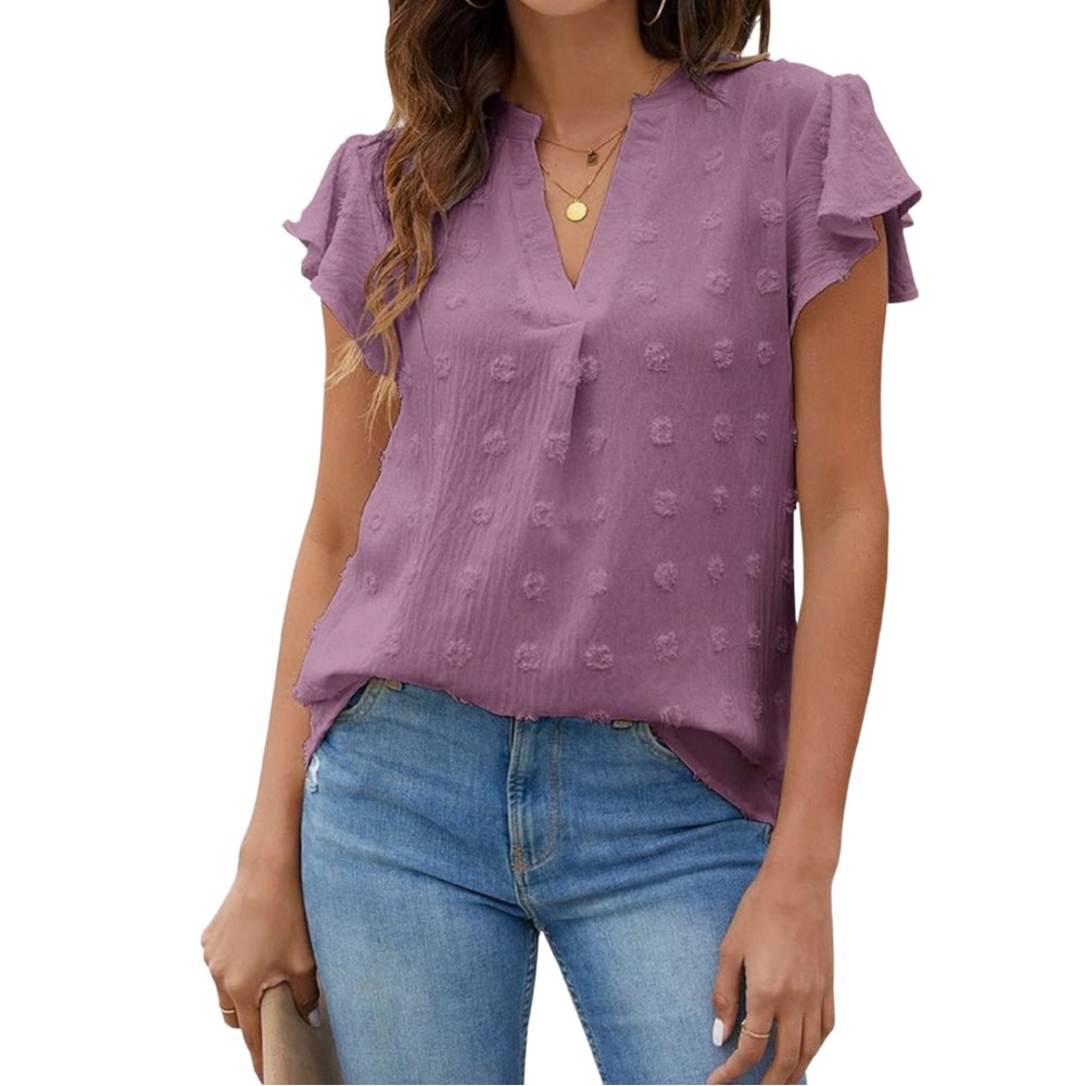 Chic Lavender Textured Dot Blouse M | Flutter Sleeve V-Neck Top - Like New!